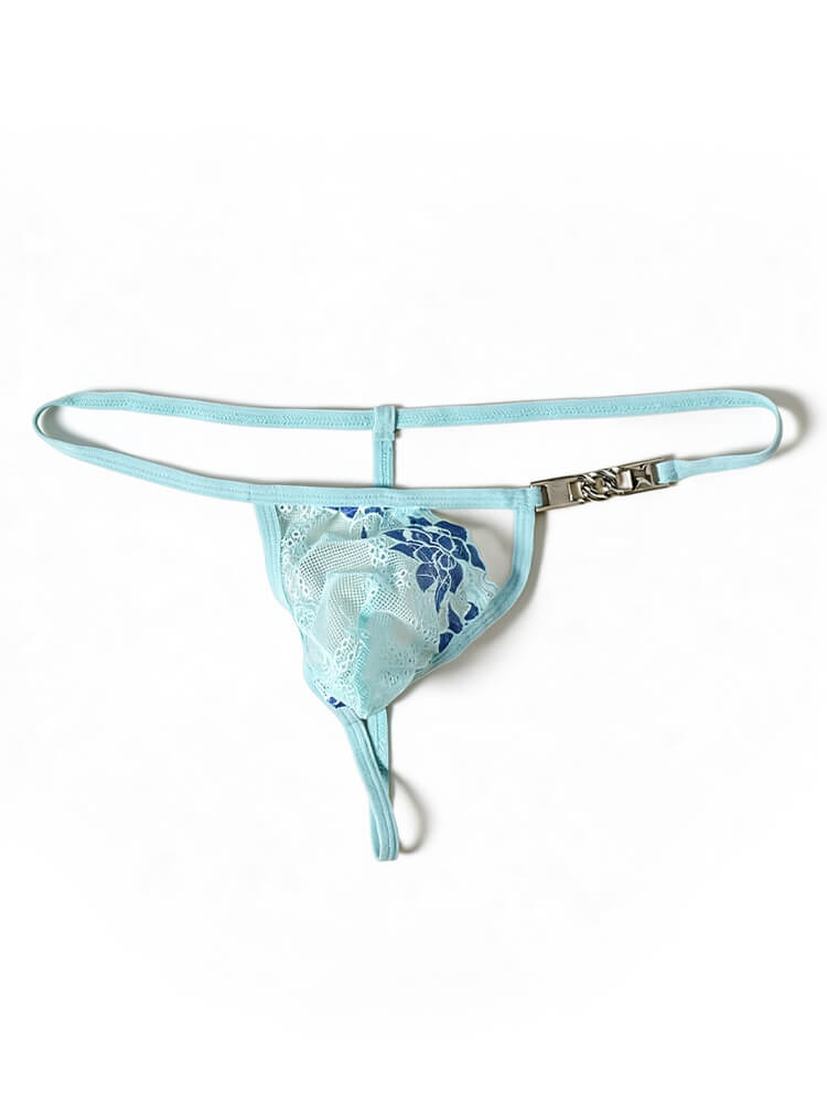 Men's Floral Embroidered Lace Metal Chain Thong