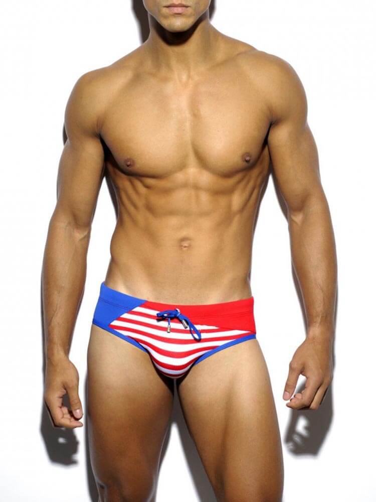 Men's Striped Colorblock Lace-Up Swim Briefs