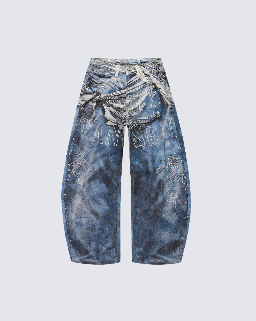 Studded Hand-Painted Cartoon Washed Men's Jeans