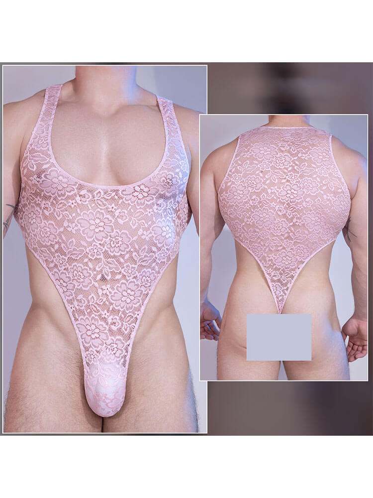 Men's Sexy Sheer Floral Lace Elastic Bodysuit