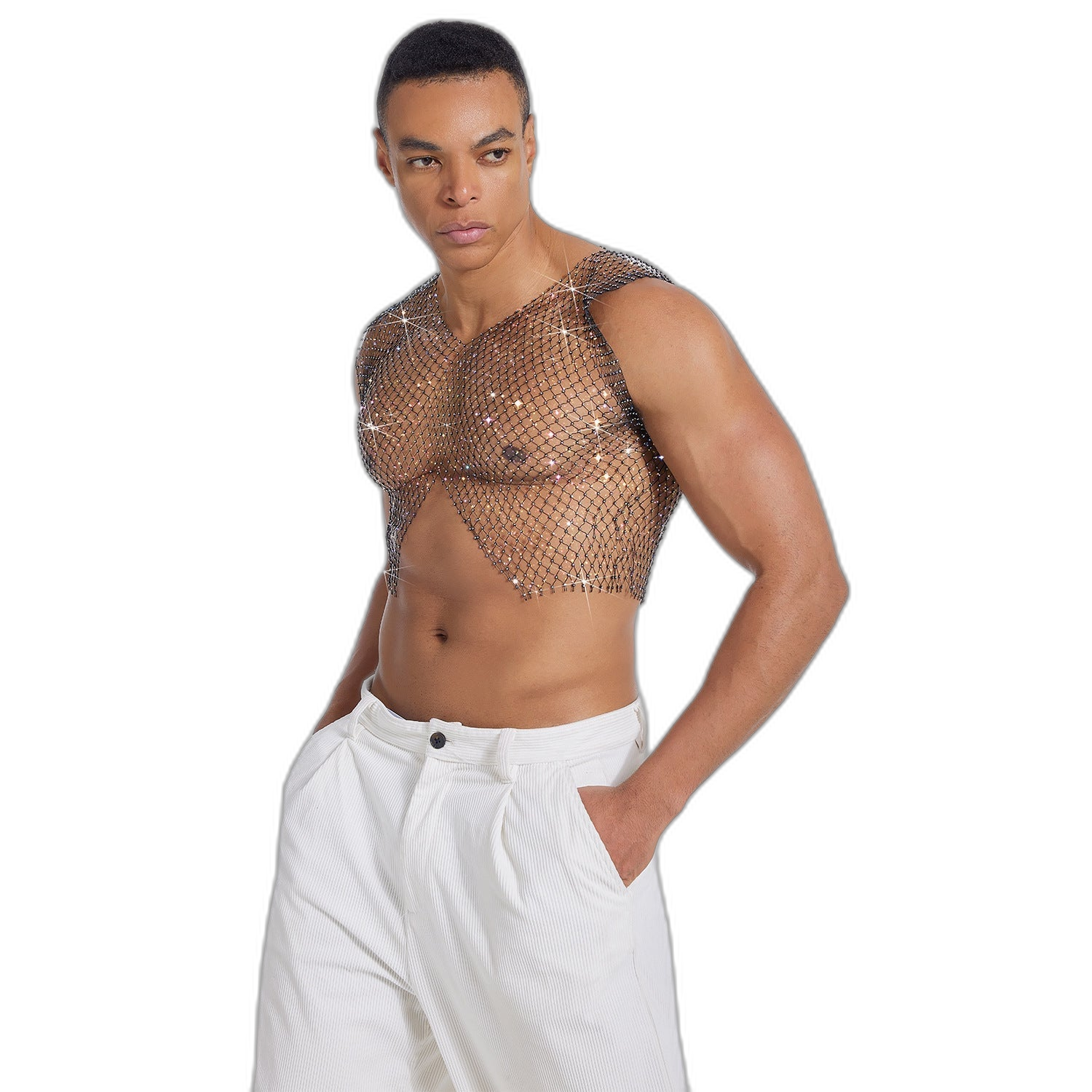 Rhinestone V-Cut Mesh Top