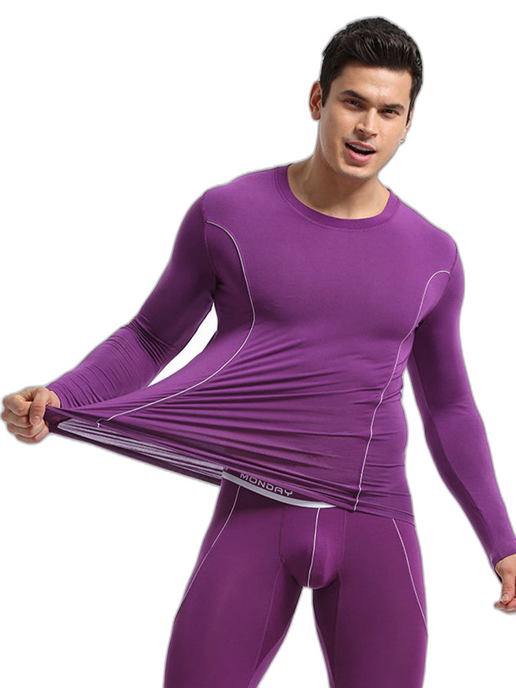 Men's Round Neck Solid Color Bamboo Fiber Thermal Underwear Set