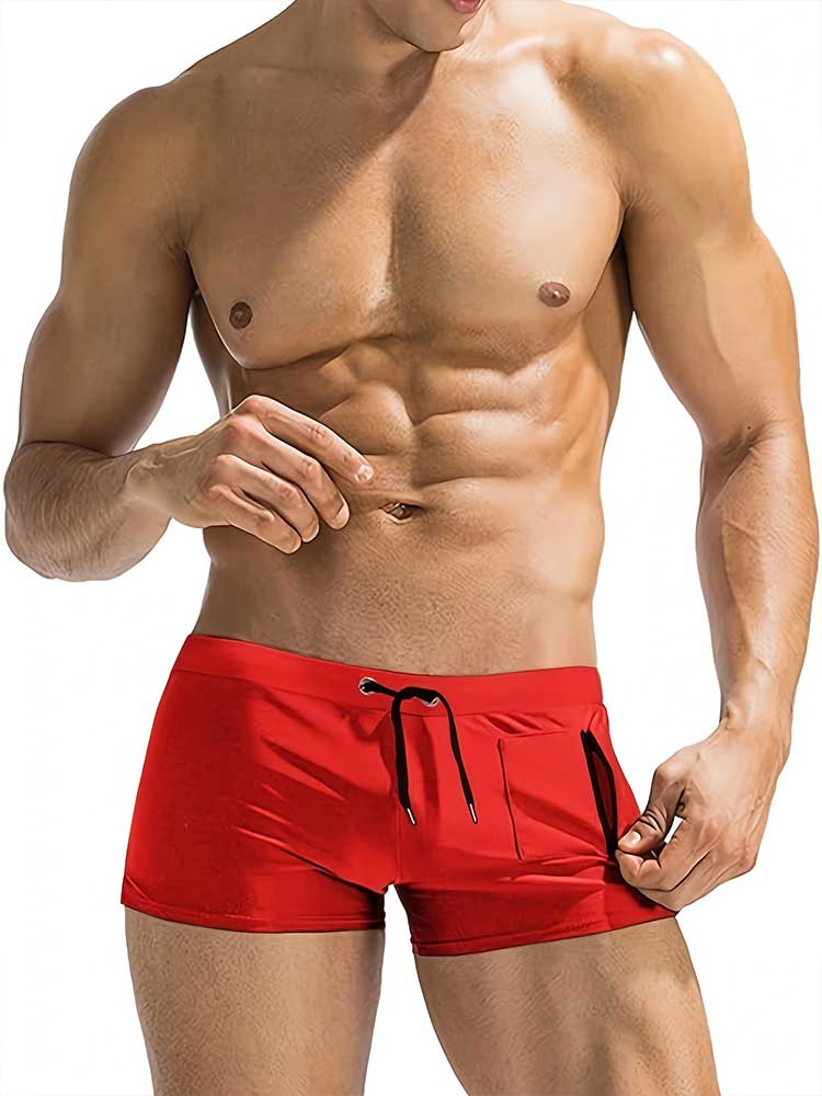 Men's Zipper Pocket Drawstring Solid Swim Trunks