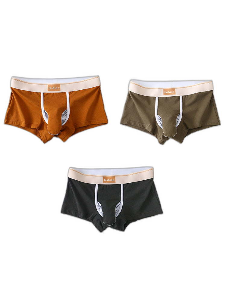 3 Pack Men's Elephant Trunk Separate Cotton Sexy Mid-Rise Solid Color Trunks
