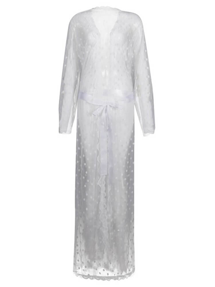 Men's Polka Dot Long See Through Lace Bathrobe