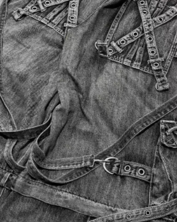 Denim Cargo Pants with Multiple Straps and Zippers