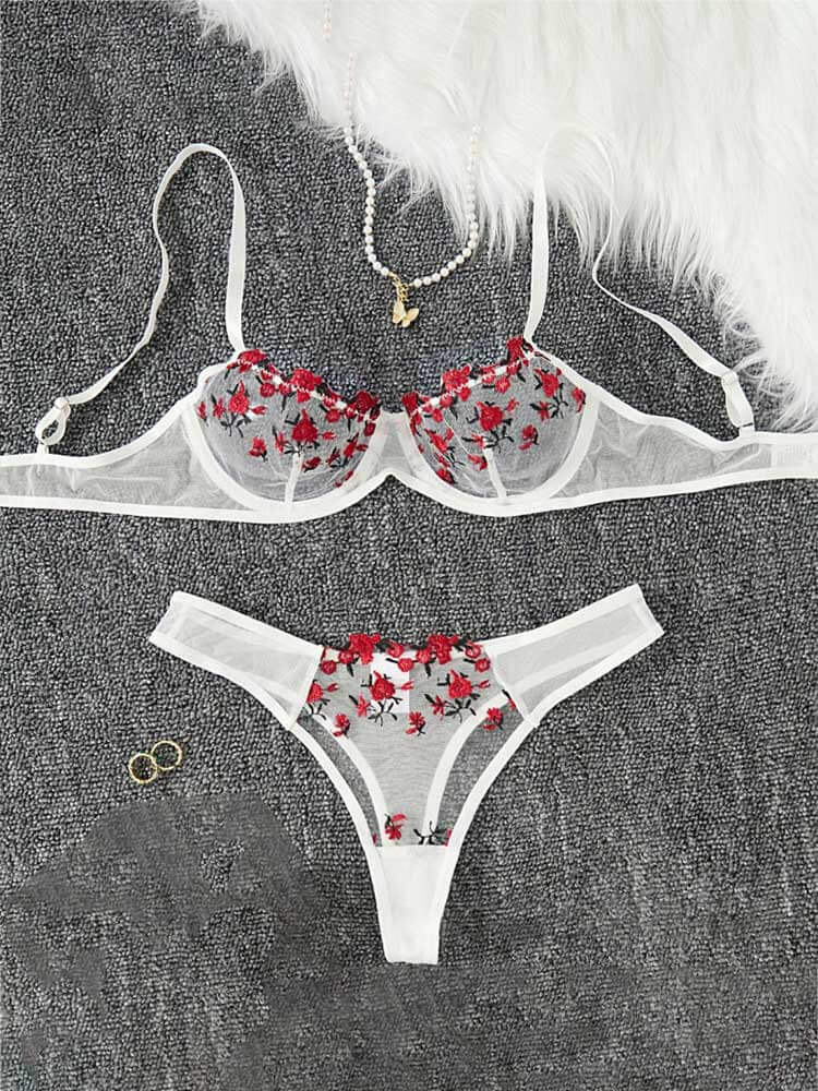 Men's Sexy Floral See-Through Mesh Bra Briefs Set