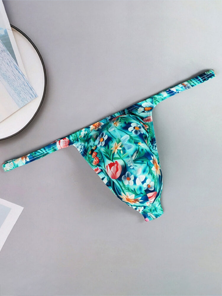 Men's Sexy Floral Print Low-Rise Thin-Side Thong