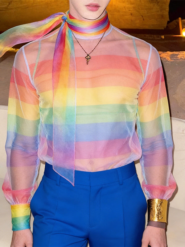 Men's New Romanticism Rainbow Gradient Sheer Organza Long Sleeve Shirt SKUL64253