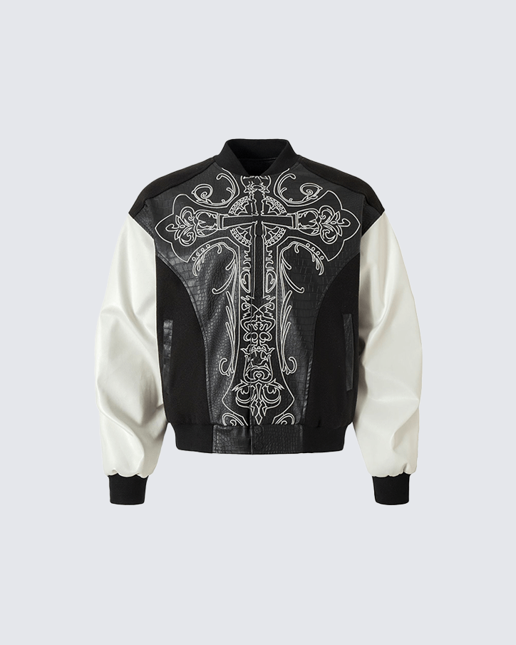 Gothic Cross Embroidered Faux Leather Varsity Jacket