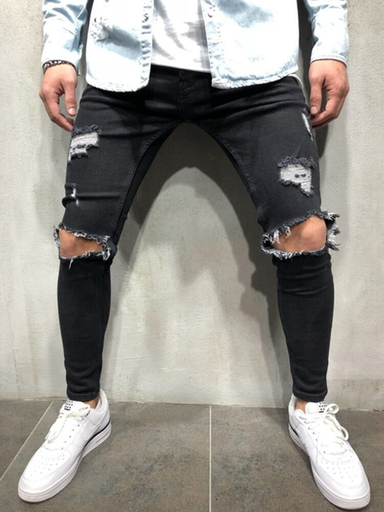 Men's Street-Style Ripped Knee Slim-Fit Jeans