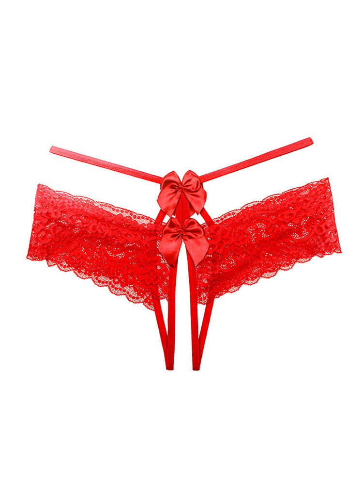 Sexy No-Remove Bow Lace Open Crotch Thong
