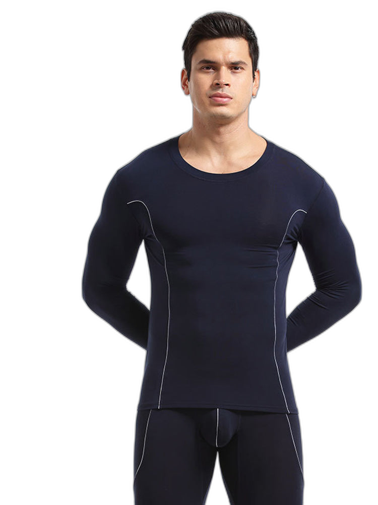 Men's Round Neck Solid Color Bamboo Fiber Thermal Underwear Set