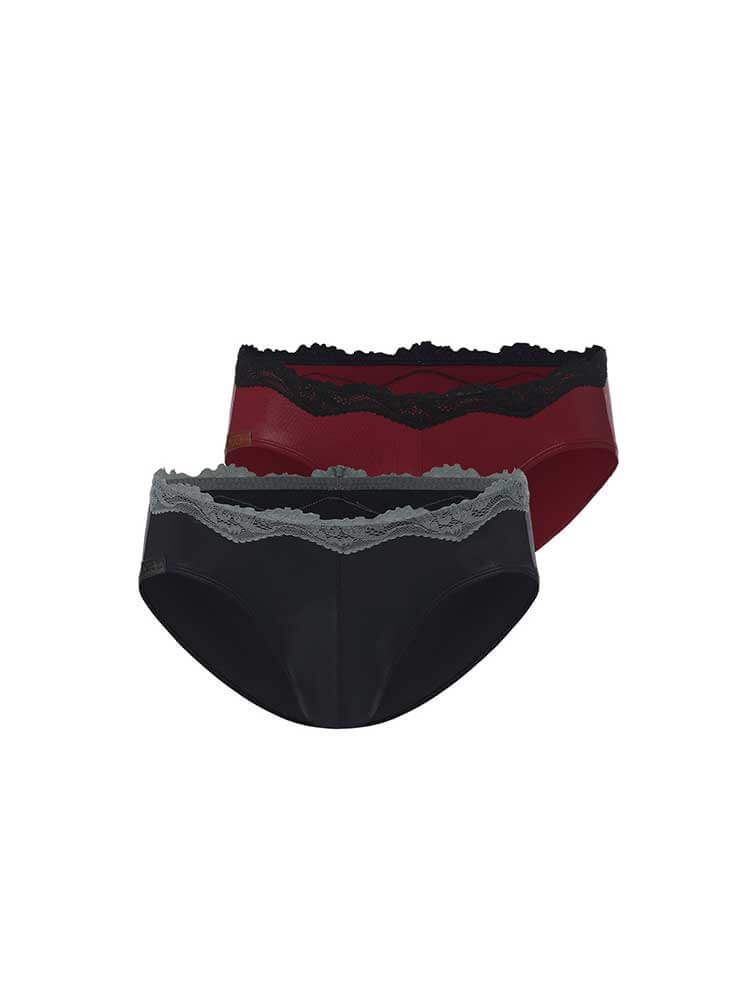 Men's Sexy Lace Trim Faux Leather-Coated Briefs