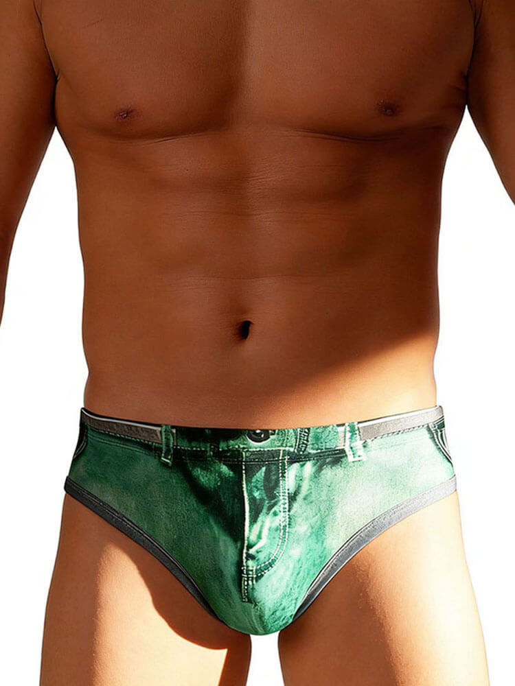 Men's Sexy Faux-Denim Print Quick-Dry Swim Briefs