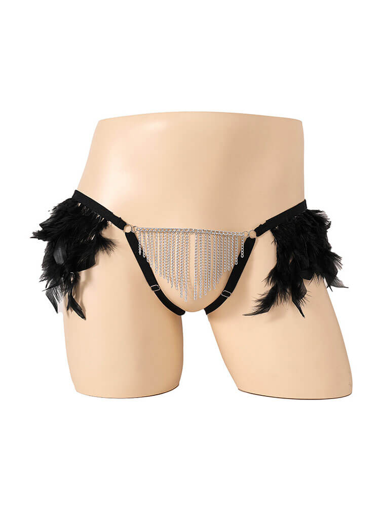 Men's Sexy Solid-Color Plush Trim Chain Thong