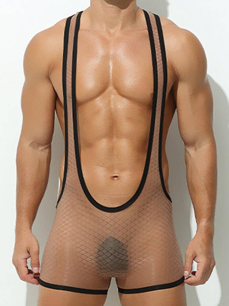 Men's Sexy Transparent Deep V Suspender Bodysuit