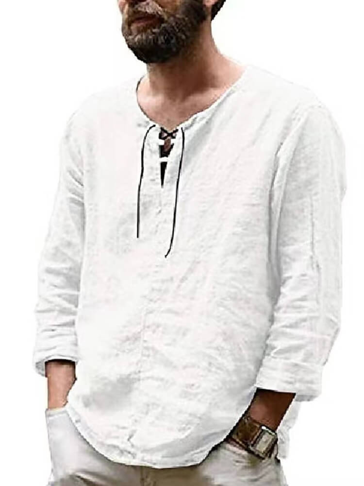 Men's Long-Sleeved Solid Color Loose Lace-Up Top