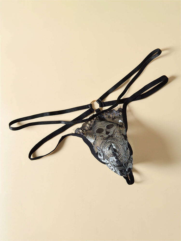 Men's Skull Print Mesh Sexy Double-Strap Thong