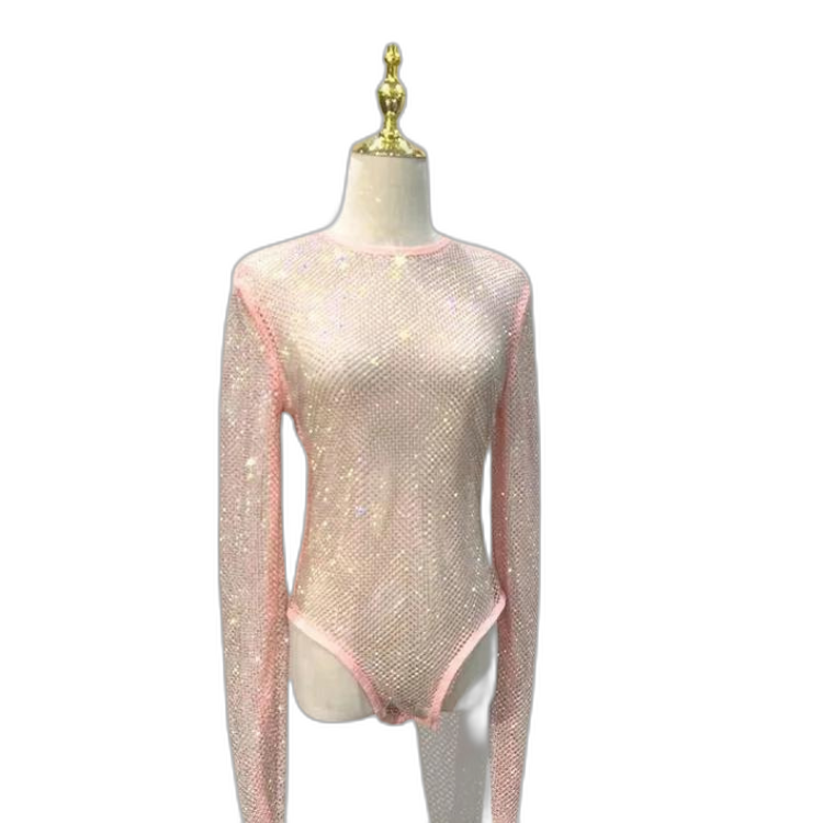 Women's Rhinestone Fishnet See-Through Sexy Bodysuit