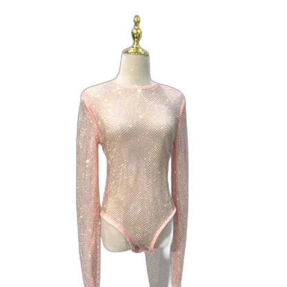 Women's Rhinestone Fishnet See-Through Sexy Bodysuit
