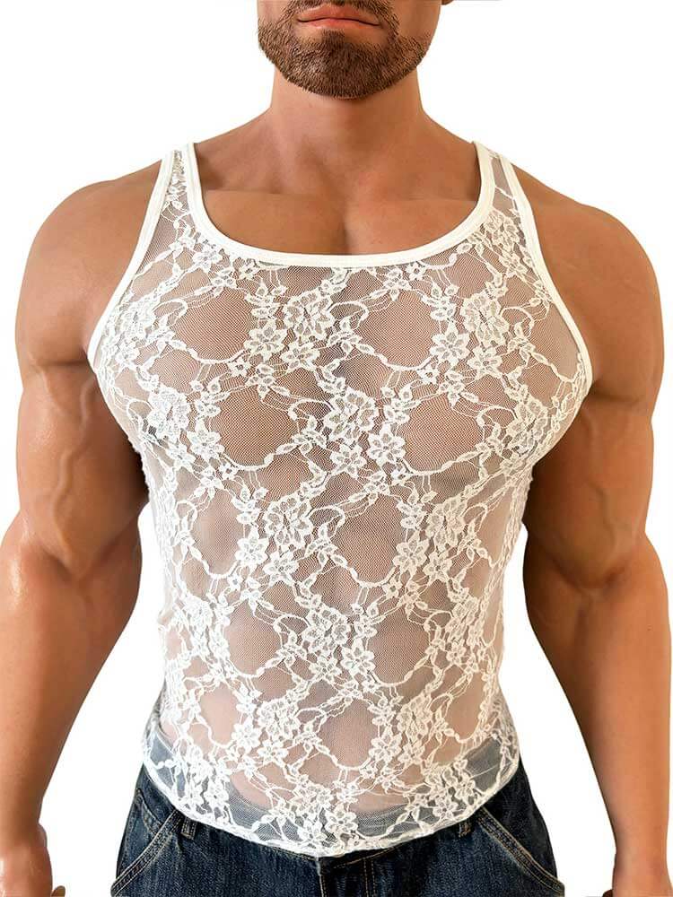 Men's Sexy See-Through Lace Sleeveless Vest