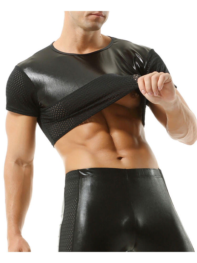 Men's Shiny Mesh Short Top And Boxer Briefs Set