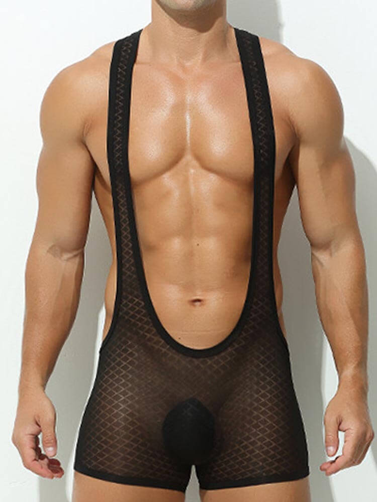 Men's Sexy Transparent Deep V Suspender Bodysuit