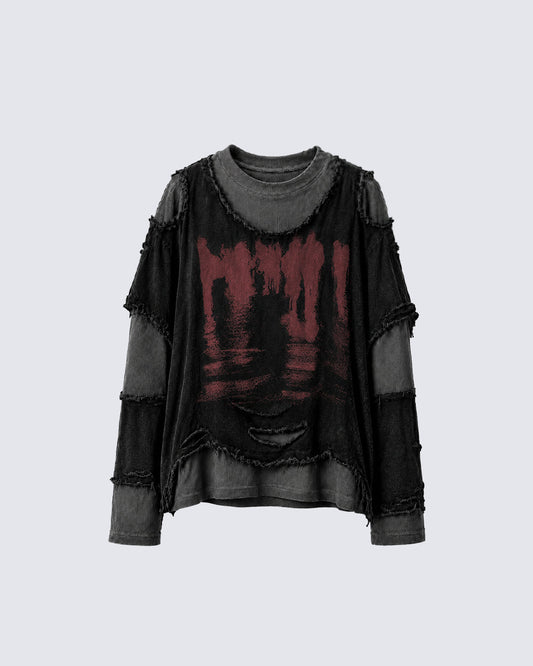 KIIKIO Two-Tone Raw Edge Patchwork Layered Long Sleeve Tee