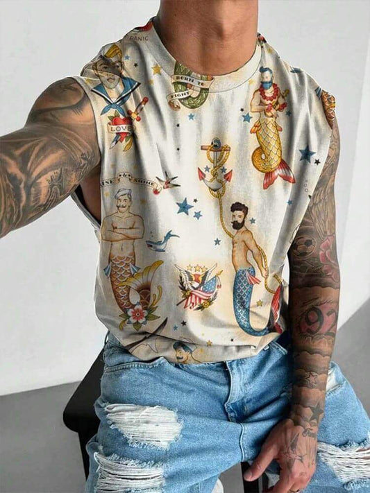 Men's Retro Mermaid Sailor Print Top and Pants 
