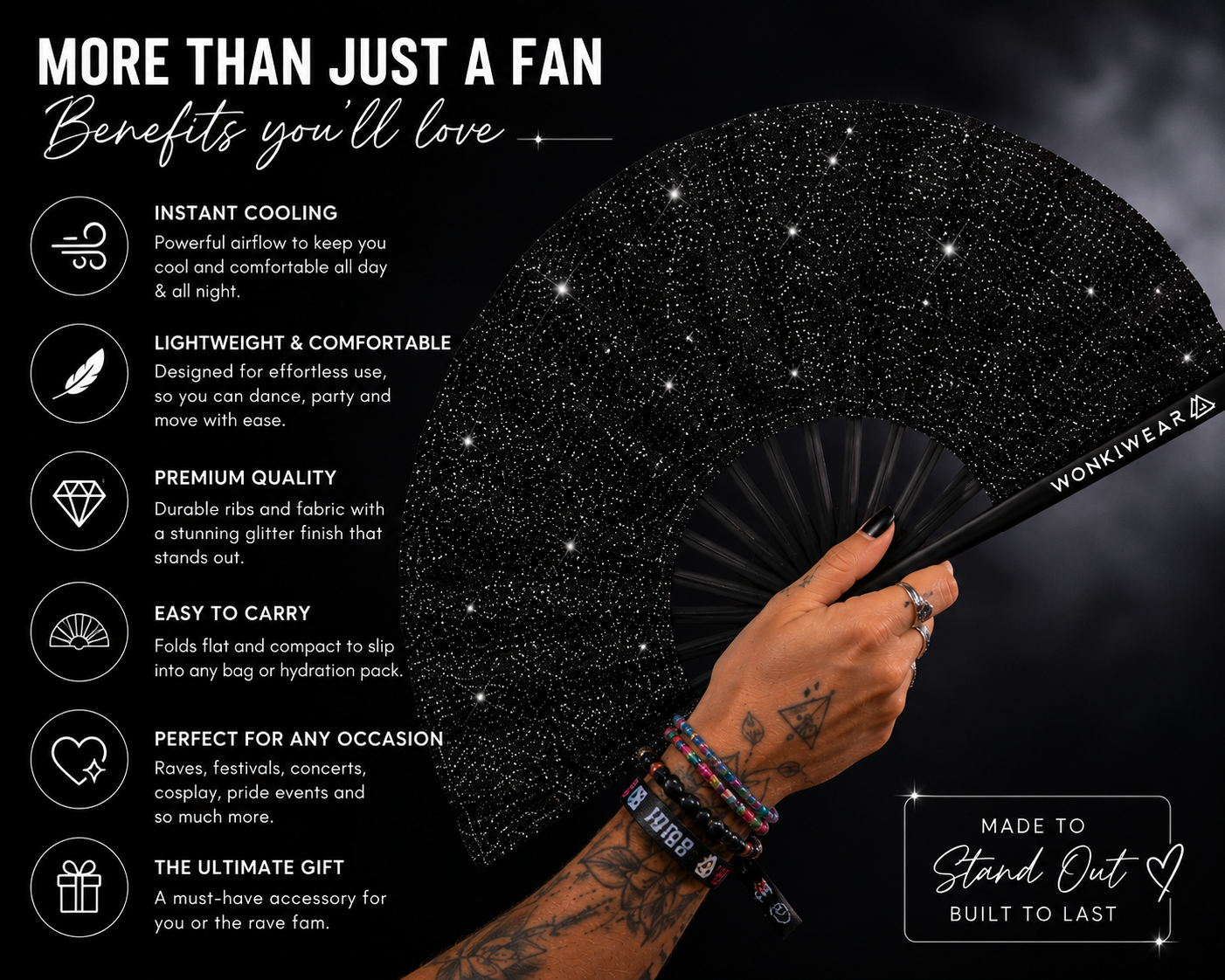Black Glitter Festival Fan + Leg Holster Bundle