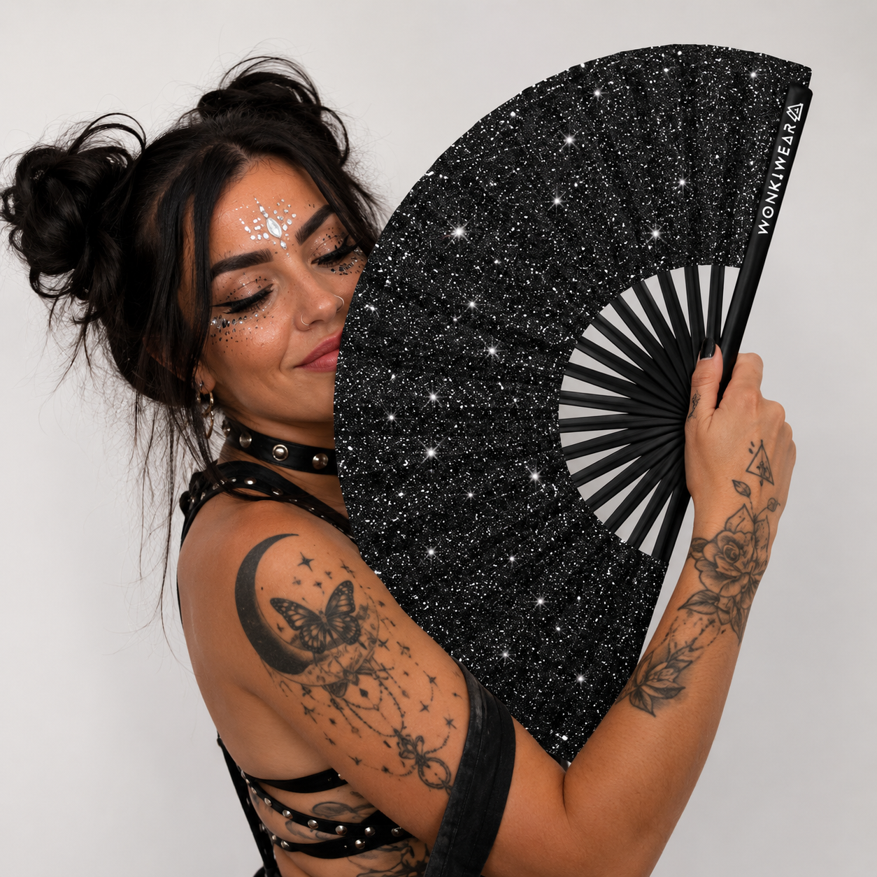Black Glitter Festival Fan + Leg Holster Bundle
