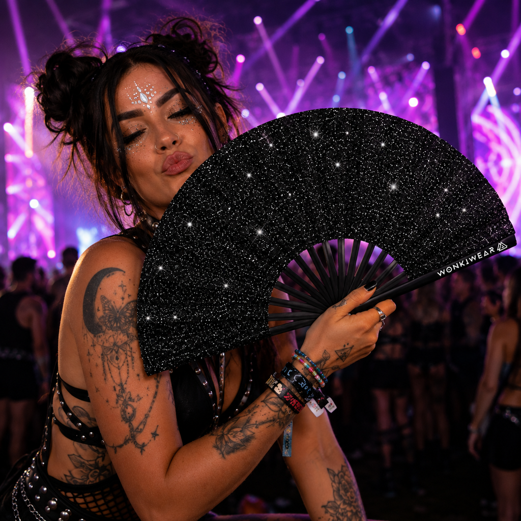 Black Glitter Festival Fan + Leg Holster Bundle
