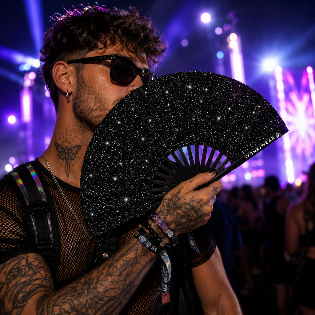 Black Glitter Festival Fan + Leg Holster Bundle