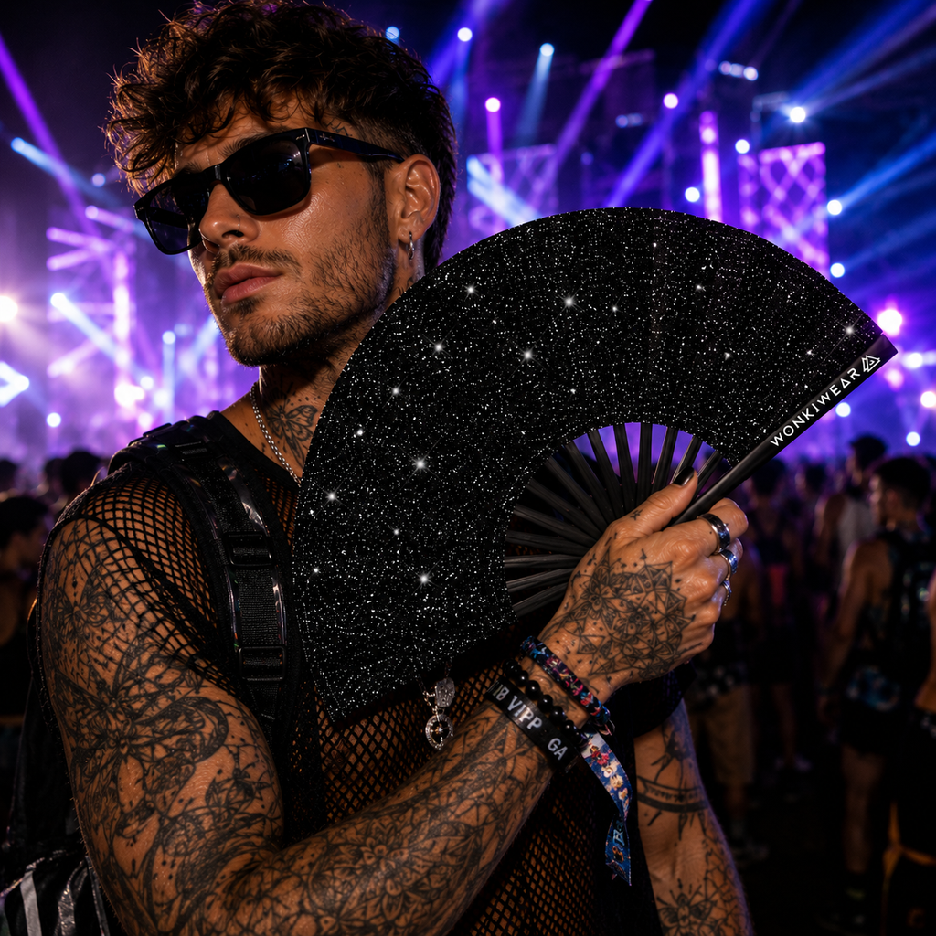 Black Glitter Festival Fan + Leg Holster Bundle