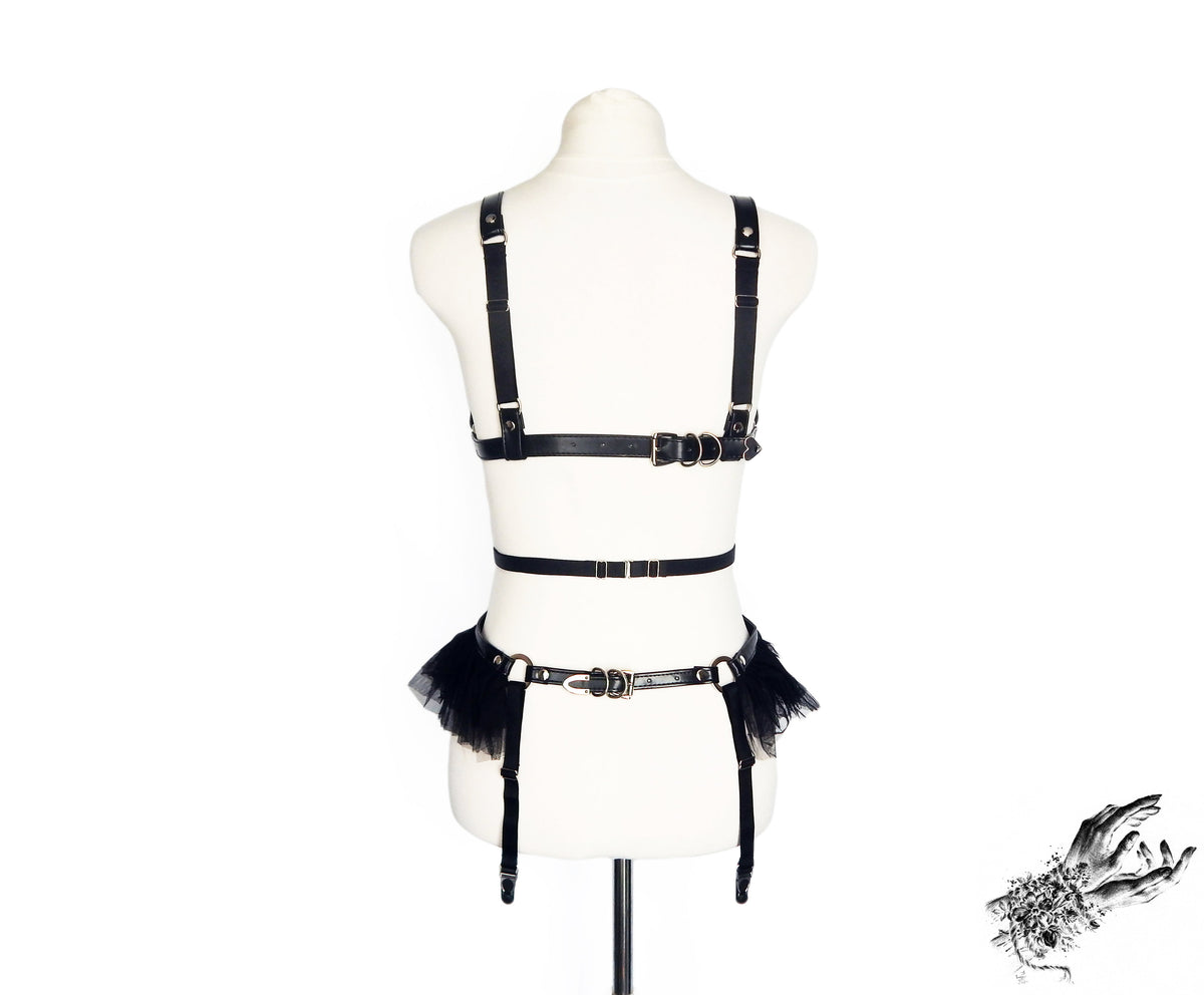 Black Vegan Leather Cage Harness Set