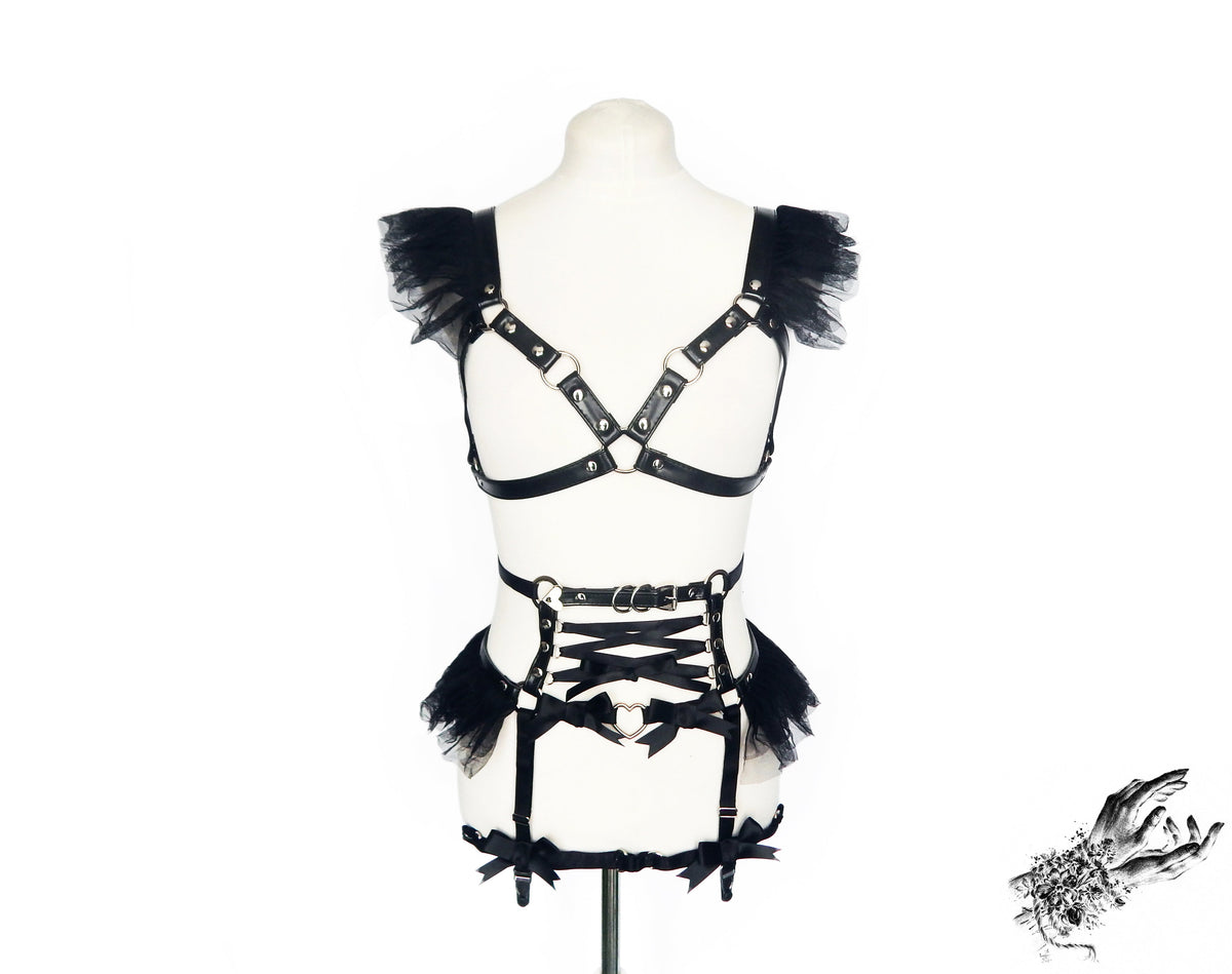 Black Vegan Leather Corset Body Harness Set