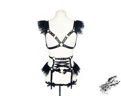 Black Vegan Leather Corset Body Harness Set