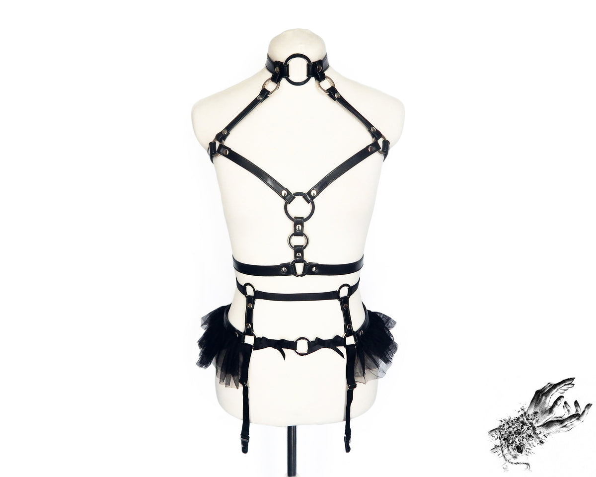 Black Vegan Leather O Ring Harness Set