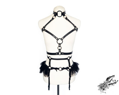 Black Vegan Leather O Ring Harness Set