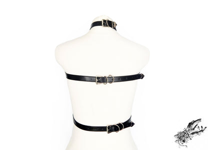 Black Vegan Leather O Ring and Corset Harness Set