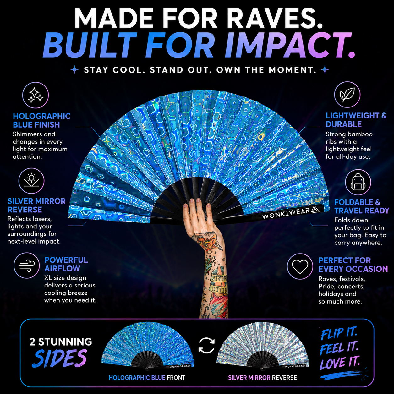 Blue Holographic XL Festival Fan