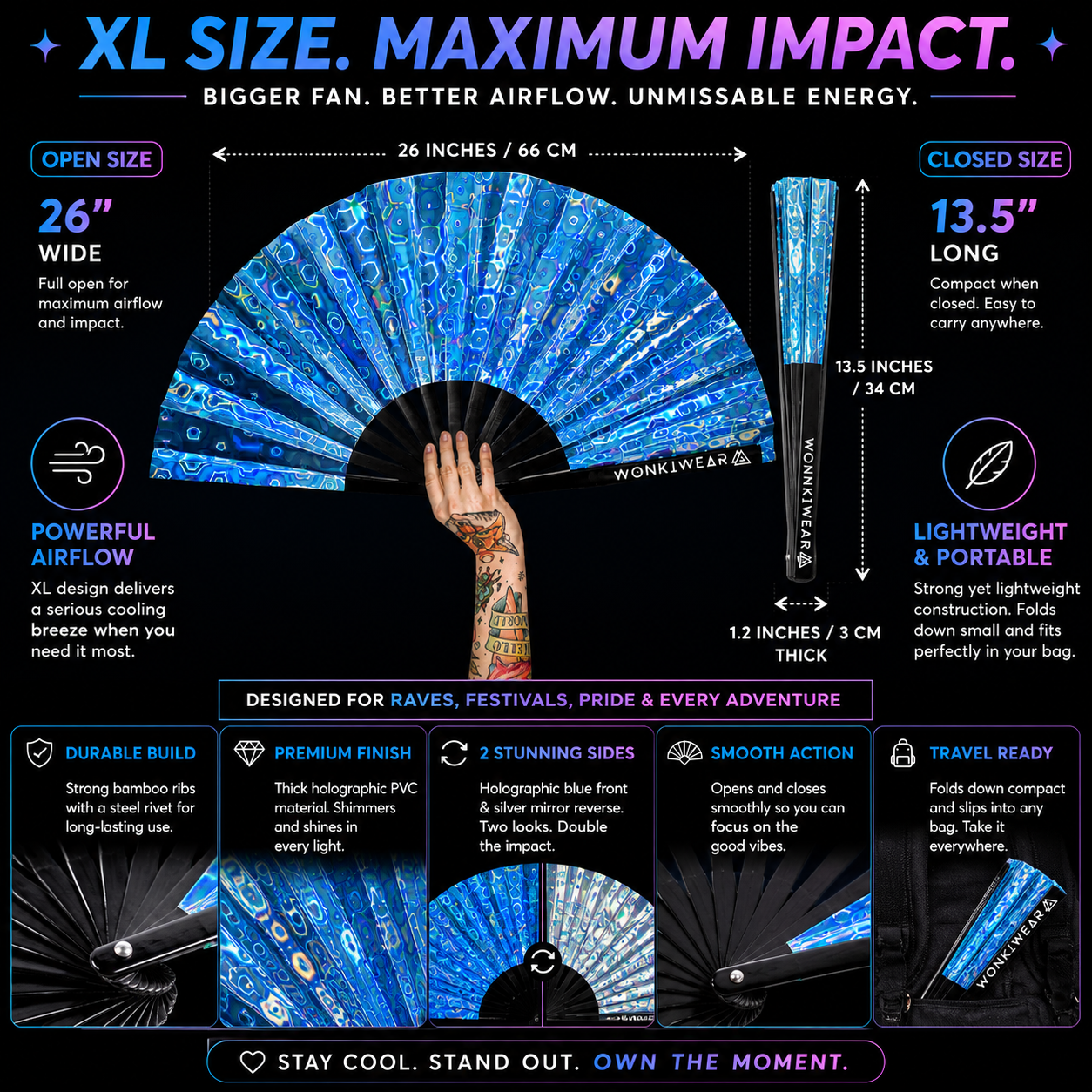 Blue Holographic XL Festival Fan