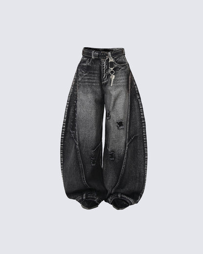 Distressed Washed Loose Blade-Cut Jeans