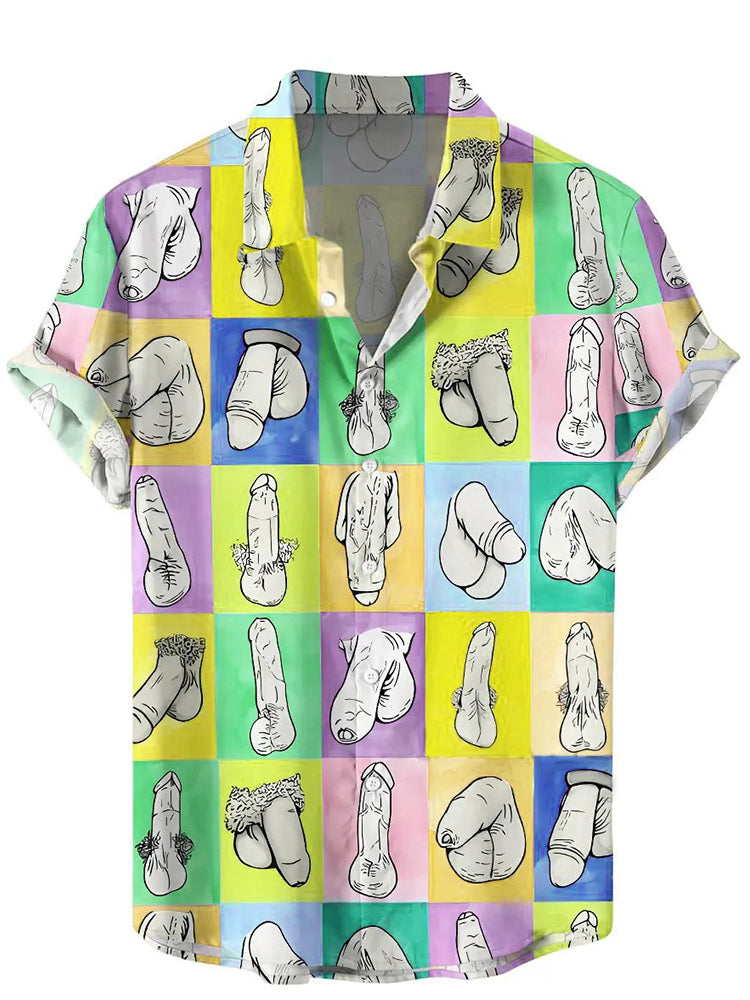 Men's Cocks Print Colorblock Short Sleeve Shirt