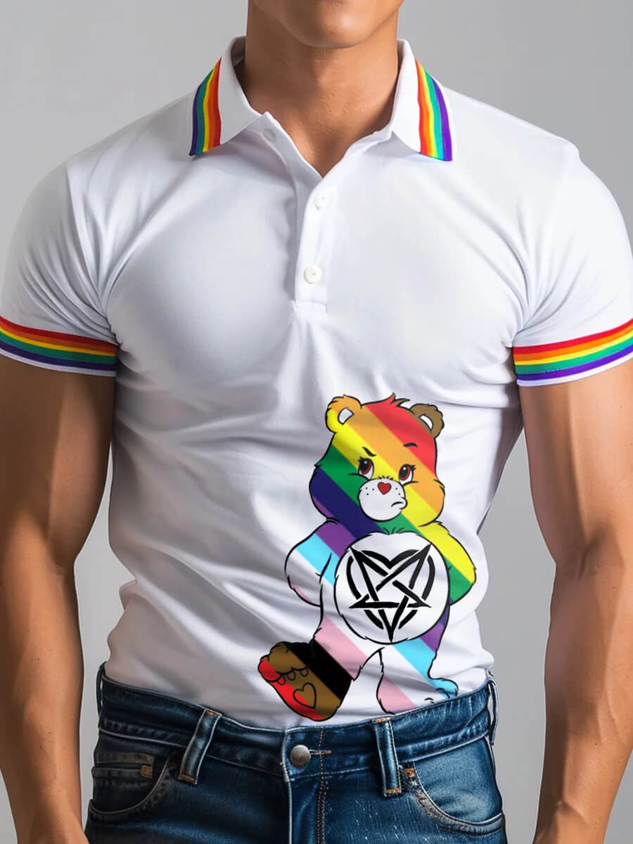 Men's Rainbow Bear Pattern Striped Polo Shirt