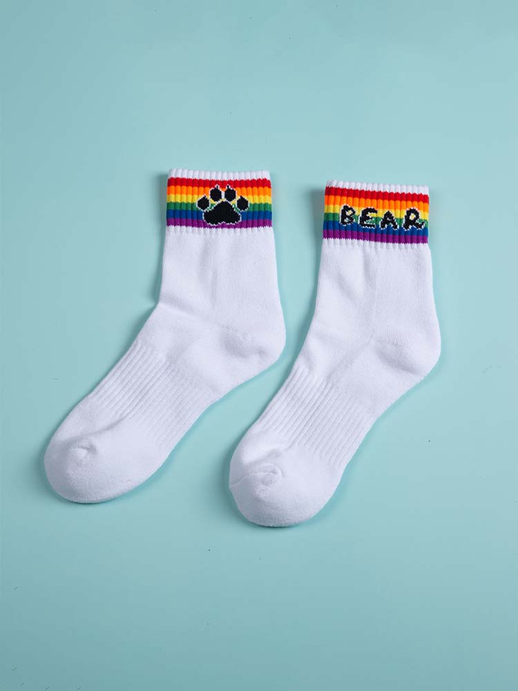 Rainbow Striped Bear Paw Print Cotton Socks