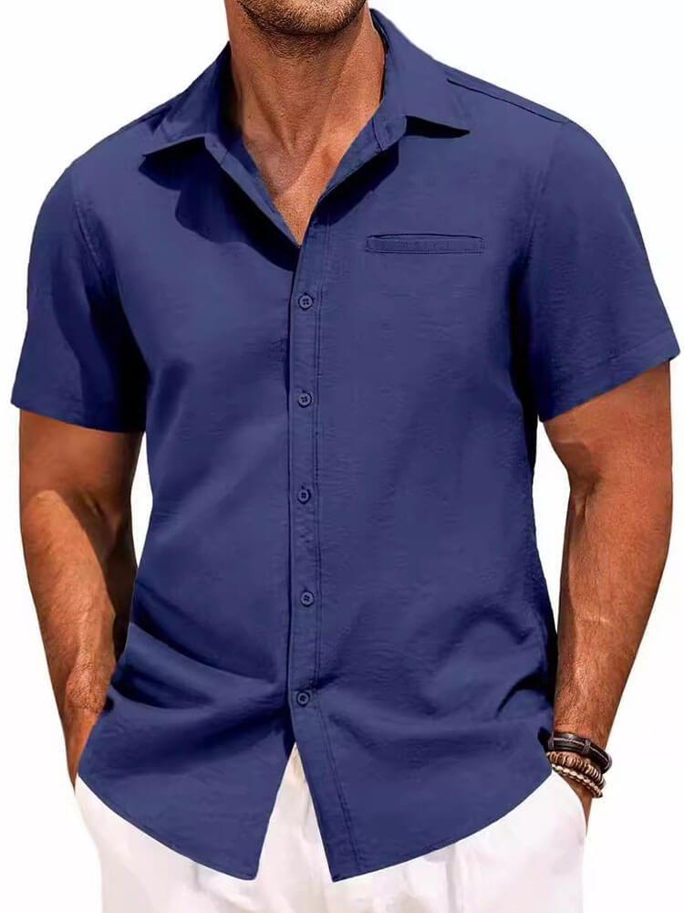 Men's Lapel Solid Color Short-Sleeved Shirt