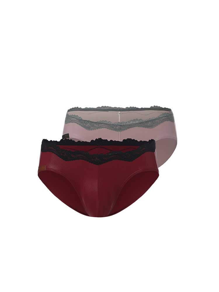 Men's Sexy Lace Trim Faux Leather-Coated Briefs