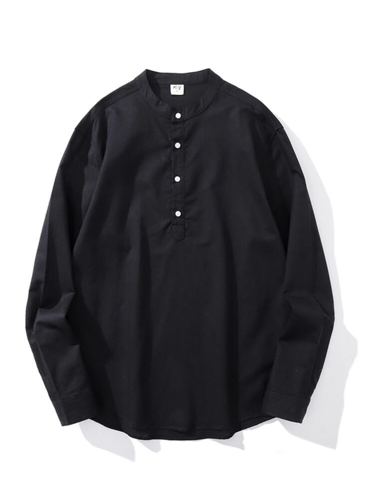 Men's Crew Neck Cotton-Linen Long-Sleeve Shirt